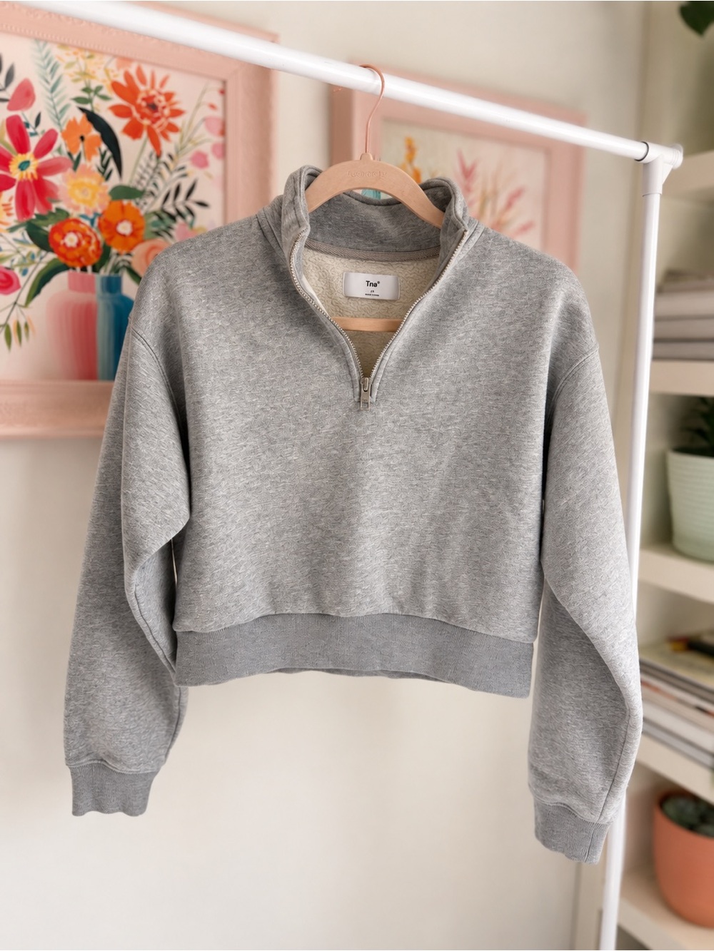TNA Light Gray Cropped Half-Zip Sweatshirt